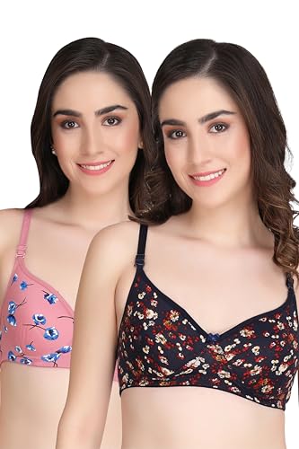 Image of Flower Print Bra for Women - Made of Pure Cotton Full Coverage Non Wired Pushup Soft Cup for T-Shirt Saree Dress Sports Garment for Daily Use Everyday