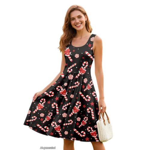 Image of Women Stylish Tank Dresses Sleeveless Round Neck Midi Casual Dress with Pocket for Summer