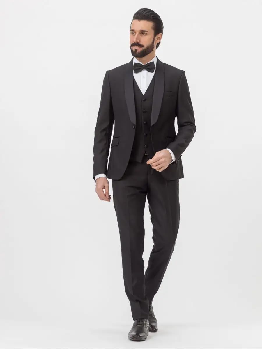 Tuxedo for Men 3 Piece Satin Shawl Lapel Classic Fit Men's Tuxedos Blazer Vest &Pants Suit Set Flap Pocket