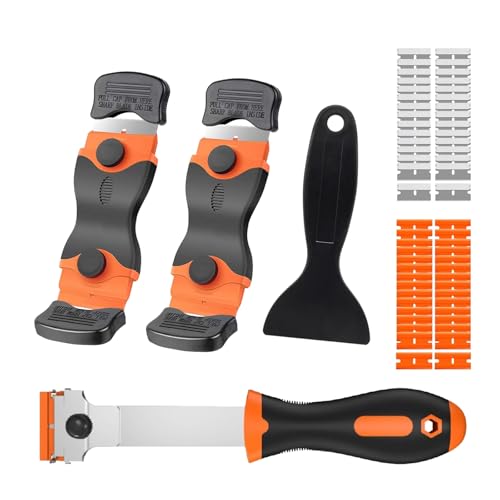 Wdmxszdq 4 Pcs Glass Scraper with 30 Metal Blades and 30 Plastic Blades, Ceramic Hob Scraper, for Windows, Stoves, Ovens, Stickers, Cleaning Tools (Orange and Black) 1 Wdmxszdq 4 Pcs Glass Scraper with 30 Metal Blades and 30 Plastic Blades, Ceramic Hob Scraper, for Windows, Stoves, Ovens, Stickers, Cleaning Tools (Orange and Black)