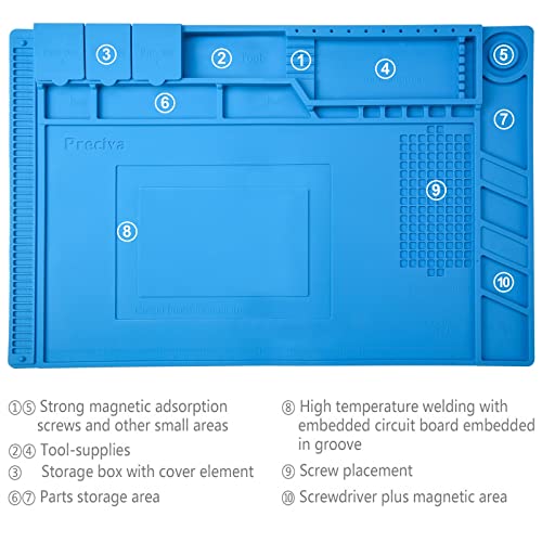 Preciva Silikonmatte 500℃ Hitzebeständige Magnetische Arbeitsmatte Arbeitsunterlage Reparatur Matte Soldering Mat Antistatisch für Lötpistolen, Heißpistolen - 45x 30cm