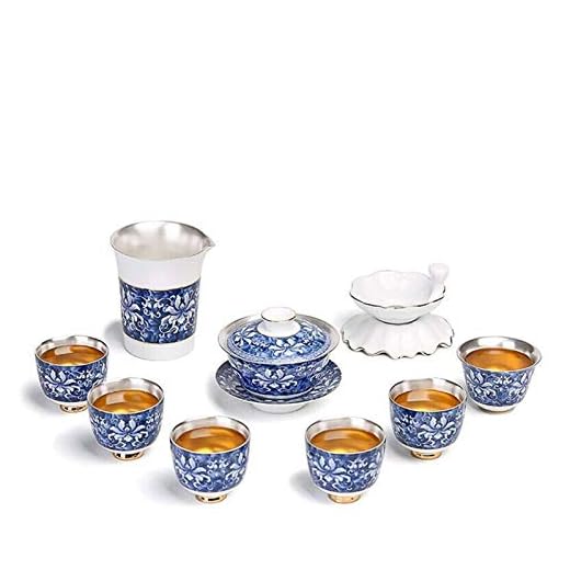 Silver tekanna handgjord tesats 999 sterling silver kung fu te vattenkokare kopp keramisk skål blå vit porslin tekopp gåva