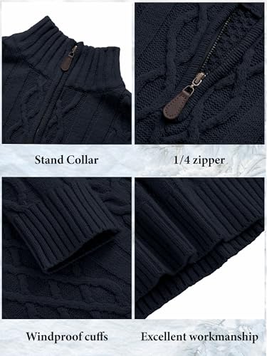 Comdecevis Mens Quarter Zip Sweatshirt Cable Knit Sweatshirt Mock Neck Polo Soft Cashmere Casual Pullover Sweater XL Dark Blue