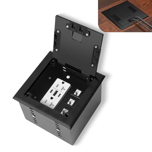 Image of KYHSHJ Recessed Flat Hidden Socket Kit with 2 * 20A Receptacle,8A 1 USB-A Ports &2 USB-C Port+3-Port RJ45 Datacom Receptacle. Internal Height Adjustable,Corrosive Resistant Hardware,Brass (Black)