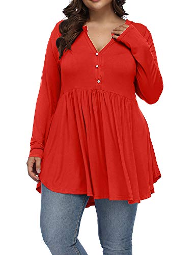 Allegrace Women's Plus Size Henley V Neck Button Tunic Tops Long Sleeve Swing Flowy Shirts Red 3X