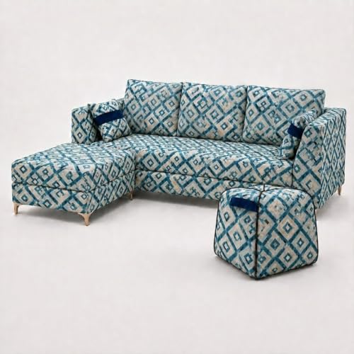 Image of FURNY Signature Cresta 5-Seater L-Shape Sofa Set with Movable Ottoman & Suri Pouf | Flexible LHS /RHS Layout | Tapestry Fabric | 40D Foam + Zigzag Spring | 3-Yr Warranty (Lagoon Mosaic Blue)
