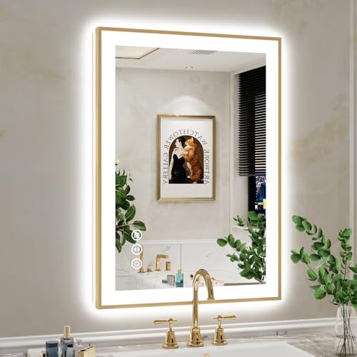 Image of 24x36 LED Bathroom Mirror with Lights, Gold Framed Lighted Mirror | Backlit and Front light, Anti-Fog, 3 Color Dimmable, Memory, Tempered Glass, IP54 Waterproof, UL Listed