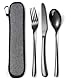 MURRI&MURRDI Besteck Set für 1 Personen, 3 teilig Mehrweg Flatware Set, Besteck Edelstahl Spiegelpoliert, Camping Messer Gabel Löffel mit Tasche, Spülmaschinenfest (3 Schwarz)