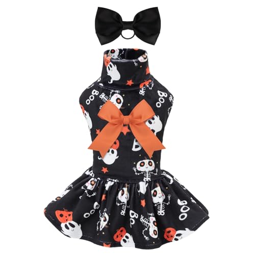 CuteBone Turtleneck Dog Velvet Dress Halloween Puppy Skirt Costume Pet Clothes Cat Apparel with Bow Hair Rope for Small Dogs CVD22XXS