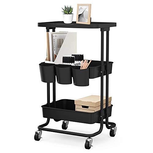 CAXXA 3-Tier Rolling Storage Organizer with Tabletop and 3 Small Baskets - Mobile Utility Cart Printer Cart Kitchen Cart Black