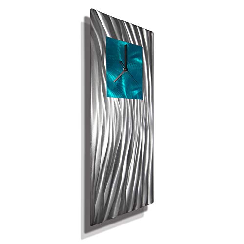 Statements2000 Unique Hand-Crafted Abstract Silver And Teal Metal Wall Clock - Modern Contemporary Functional Home Decor Art Sculpture - Ocean Energy By Jon Allen -24-Inch #TOP6