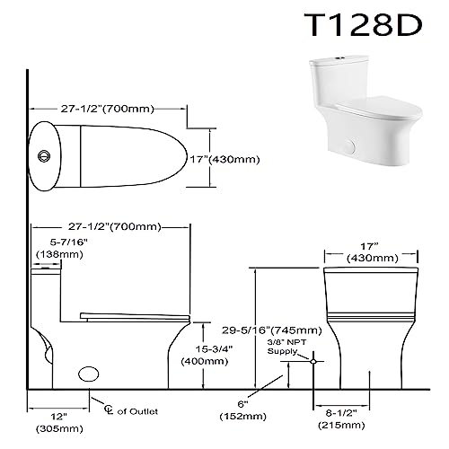 Satico One Piece Toilet Dual Flush 0.8/1.28 Gallons Per Flush Comfortable Seat Height 15.75" Standard White Toilet For Bathroom, Model T128D #TOP7