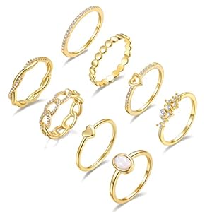 PLOMFOV 14K Gold/Silver Plate Stacking Rings Set for Women CZ Heart Simple Cute Stackable Rings Dainty Trendy Gold Statement Rings Plain Band Size 4-11