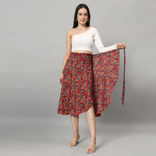 Image of GirlCode Women's Boho Floral Print Wrap Front Self Tie Knot Midi Skirt Women & Girls