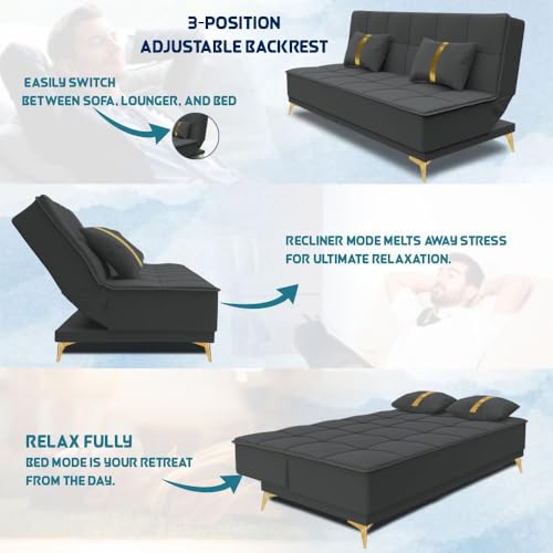 Image of Adorn India Premium New Alyssum 3 Seater Sofa Cum Bed 4X6 Velvet Suede with 2 Cushions (Color Dark Grey) and Suitable for All Indoor, with 3 Years Warranty