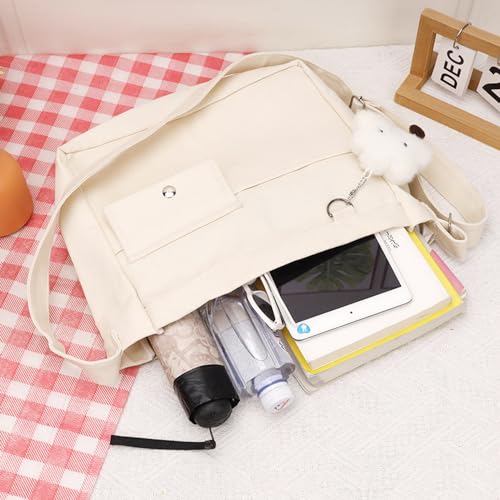 Image of Cotton Tote Handbag Women Canvas Crossbody Beach Bag Hobo Shoulder Tote Bag with 3 External Pocket,Zipper Closure