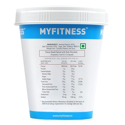 MYFITNESS Chocolate Peanut Butter Crunchy 510gm | 23g Protein | Tasty & Healthy Nut Butter Spread | Dark Chocolate | Vegan | Cholesterol & Gluten Free | Crunchy & Nutty Peanut Butter | Zero Trans Fat