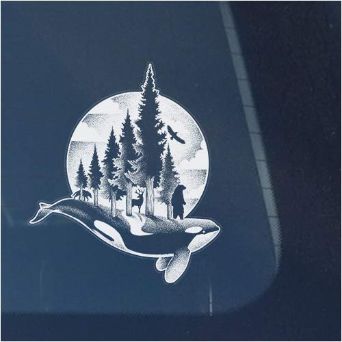 Bear, Wolf, Deer and Orca Whale in Northwest Mountains with Trees Clear Vinyl Decal Sticker for Window, Moon and Clouds Sign Art Print Design