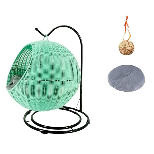 Bxzzuis ラタン猫ベッド、ハンギングバスケットベッド、オールシーズン、通気性、耐久性、遊び 睡眠用、藤編み 、 洗濯可能、 休憩所 おしゃれ、 屋外 室内 (グリーン,猫用爪とぎポスト + シダボール)