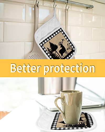 Christmas Forest Reindeer Pot Holders With Pocket For Kitchen, Heat-Resistant Potholders Set Of 2, Hot Pads Oven Mitts With Hanging Loops For Home Cooking Baking Microwave, Xmas Tree Plaid #TOP6