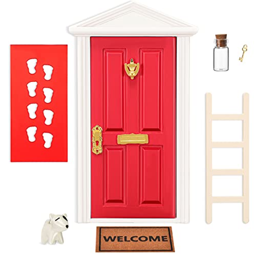 Red Tooth Fairy Door Kit With Accessories - Mini Wooden Festive Set for Fairy Tale Education, Learning Decoration, DIY Craft Activities