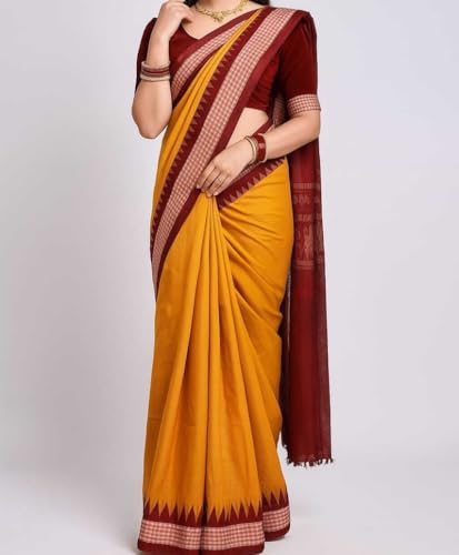 Image of NEW COLLECTION Women Silk Odisha Handloom Sambalpuri Plain Pata Saree Yellow Temple Border Pasapalli Design Mustard Kanjivaram Orissa Ethnic Handwoven Papa Silk Haldi Ceremony Pili Sari Red Blouse