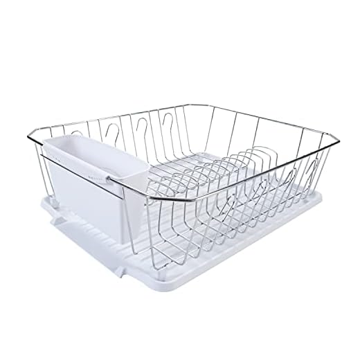 Kitchen Details 3 Piece Dish Rack | Drying Rack, Cutlery Basket & Drainboard Tray | Countertop | Self Draining | Rust Resistant | Chrome | White