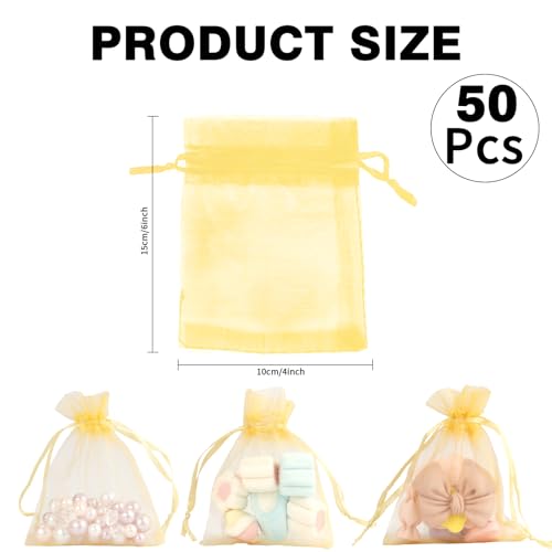 Image of Gold Organza Bags - 50 Pcs, Sheer 4 x 6 Inch Jewelry & Party Favor Bags with Drawstring, Mesh Gift Pouches for Wedding, Valentine's Day Party
