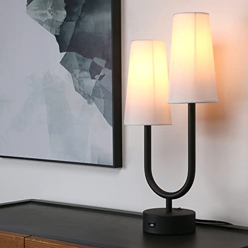 Pathson 2-Lights Table Lamp With Usb Charging Port, Plug-In Bedside Desk Lamp With Switch, Modern Nightstand Desk Light, Fabric Night Light Perfect For Bedroom, Living Room, Dining Room, Study Room #TOP24