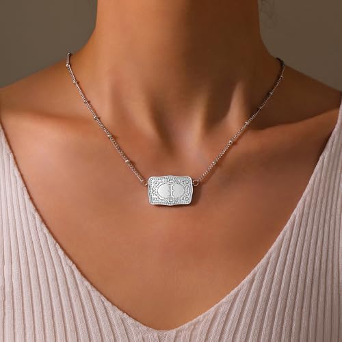 Kwkppz Mini Belt Buckle Initial Necklace for Women, 18K Gold/Silver Plated Initial Letter Pendant, Belt Buckle Necklace with Initial, Unique Western Jewelry Gifts for Women (I, Silver) by Kwkppz - Used condition - Image 2