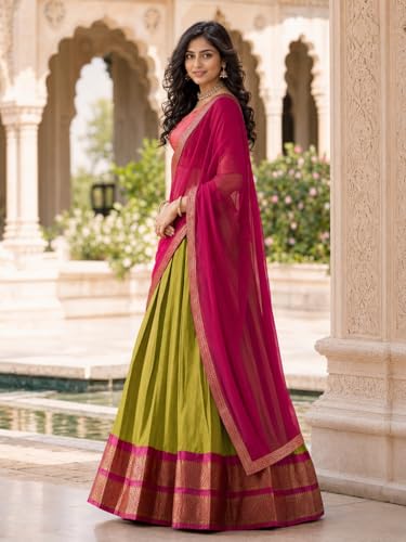 Image of RENVAANI Women's Traditional Kanjivaram Kanchipuram Silk Zari Weaving Unstitched Lehenga Choli with Dupatta