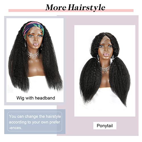 Long Kinky Straight Wigs For Black Women Black Yaki Straight Hair Wig Synthetic Middle Part Wigs Kinky Curly Wigs 26 Inches Glueless Heat Resistant Synthetic Full Wigs (26Inch, 1B) #TOP5