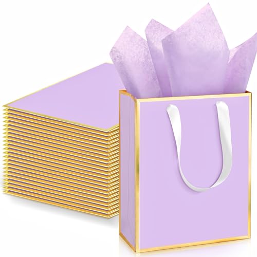 Image of Yeaqee 24 Pack Metallic Paper Gift Bag with Tissue, Light Purple, Gold | with Satin Ribbon Handle and Tissue, 9x7x3.1 Inch, Suit Business, Birthday, Christmas, Thank You Return Gifts Bags