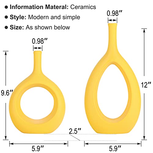 Yellow Ceramic Hollow Elliptical Vase Set Of 2 - Boho Circle Vase With Hole, For Modern Yellow Table Decor, Living Room Decor Shelf Mid Century Modern Home Entrance Decorative Vase #TOP1
