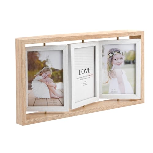 6 Photos Cadre Photo Couleur du Bois Rotatif, 10.2×15.2cm Triple Cadres Photo Multiple Collage Trifold Wood Standing Photos Frame, Décoration Murale de Bureau de Photos de Famille de Mariage