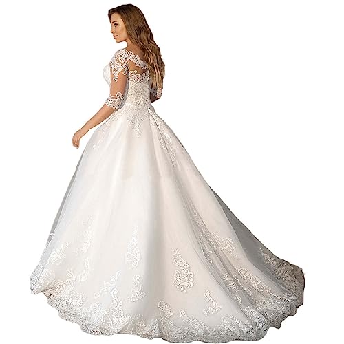 XYAYE Lace Wedding Dresses for Bride with 3/4 Sleeves Puffy Tulle Wedding Gowns V Neck Modest Bridal Gowns for Women2
