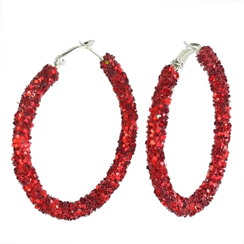 Chuu Yung Colorful Shiny Glitter Christmas Sequins Wrapped Big Hoop Earrings Handmade Sparkle Rhinestone Crystal Red Green White Circle Round Dangle Earrings For Women Xmas Party Holiday Jewelry Gifts-Red 1 cover