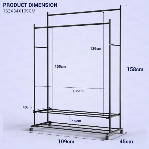 Image of Lukzer Double Rod Metal Garment Stand with Wheels & 2-Tier Storage Organiser Shelves, Portable Clothes Rack and Coat Hanger With Shoe Rack for Bedroom, Entryway & Boutique (Black /109 x 48 x 158 cm)