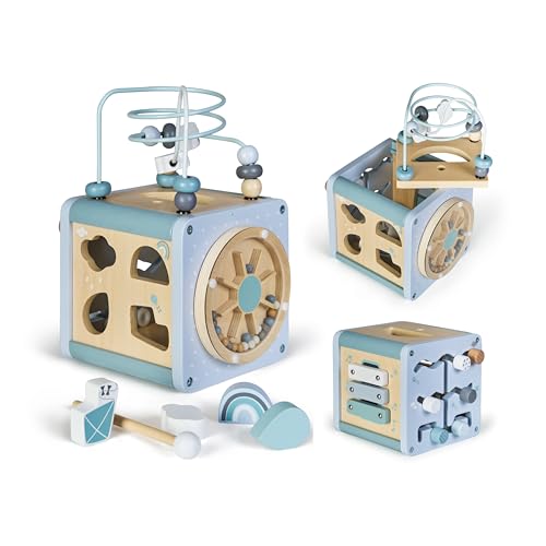 BUDDY BABY - Cubo Montessori Xtudio - Desde 12 Meses - 5 Actividades: Engranajes, ábaco, Formas encajables, Laberinto de Cuentas, Rueda Sonora - Xilófono con baqueta - Almacenaje Interior