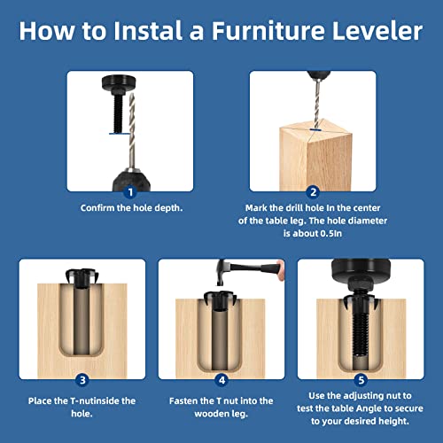 Gsshbr Adjustable Feet Levelers, Heavy Duty Adjustable Legs For Furniture, Large Furniture Levelers, T Nut Levelers Table Adjustable Feet 3/8-16 Thread (6 Pack, Black) #TOP4