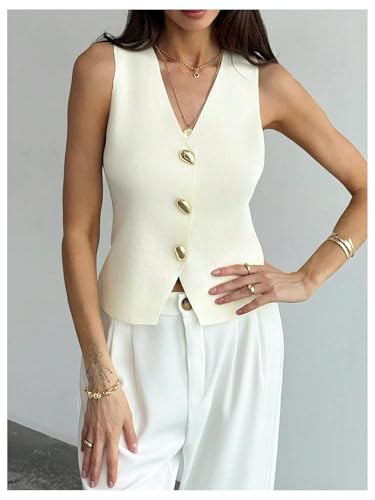SOLY HUX Women's V Neck Sweater Vest Sleeveless Metal Button Down Knit Casual Tank Tops4