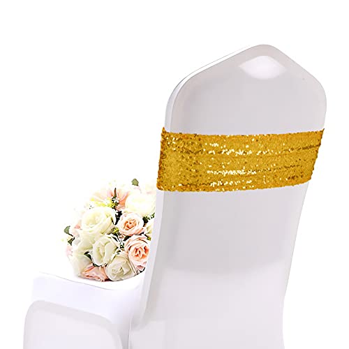 50Pcs Sequin Chair Sashes Stretch Spandex Bands Sparkling One-Sided Sequins Chair Cover Chairs Decorations for Wedding Banquet Party Festival Birthday Reception Shining Home Decor (Gold)