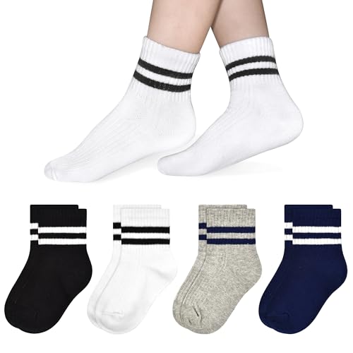 Toddler Kids Socks, 4 Pairs Crew Athletic Cotton Soft Stripe Socks for Boys Girls Children 1-12 Years3