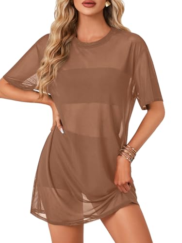 LYANER Women's Sheer Mesh Short Sleeve Cover Ups Round Neck See Through Sexy Blouse Shirt Top