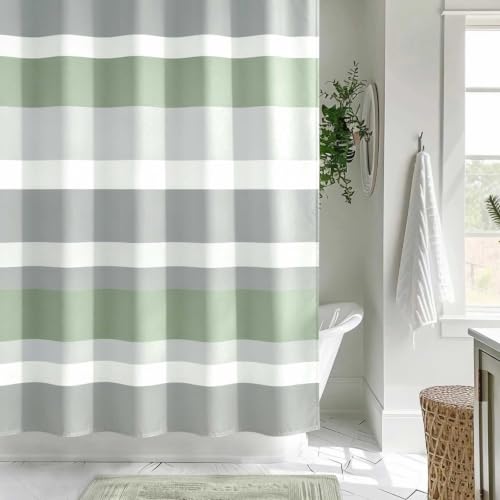 Sunlit Sage Green Gray Horizontal Stripes Water-Repellent Fabric Shower Curtain with Reinforced Metal Grommets Refreshing Striped Design Bathroom Decor, 72x72 by Sunlit - Used condition - Image 3