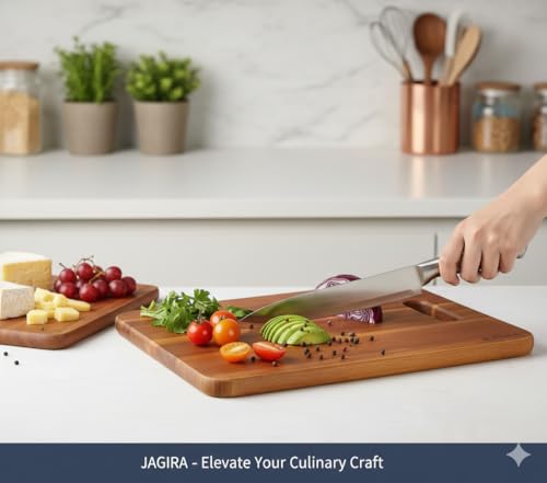 Image of JAGIRA Divine Touch Bamboo Wooden Chopping Board with Wood Handle, Multipurpose Cutting Board for Vegetables, Fruits & Cheese, Kitchen Use, BPA Free