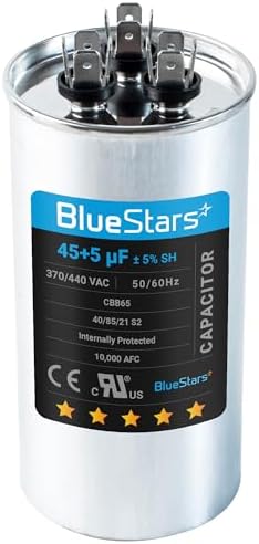 [UL Listed] BlueStars 45+5 uF 45/5 ±5% MFD 370V or 440V AC Round Dual Run Capacitor, Fits Air Conditioner Motor Run or Fan Start or Condenser Straight, Replaces 97F9895 Z97F995