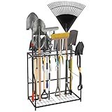 Garden Tool Organizer Rack,Heavy-Duty Metal Yard Tool Rack with 2 Shelves&14 Hooks,Holds 43 Long-Handled Tools, Rakes, Shovels & Brooms,Freestanding Tool Organizers and Storage for Yard Shed and Lawn