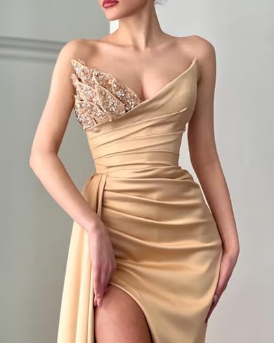 Beaded Prom Dresses V Neck Strapless Mermaid Bridesmaid Dresses For Wedding Long Evening Gowns With Train Brown #TOP28