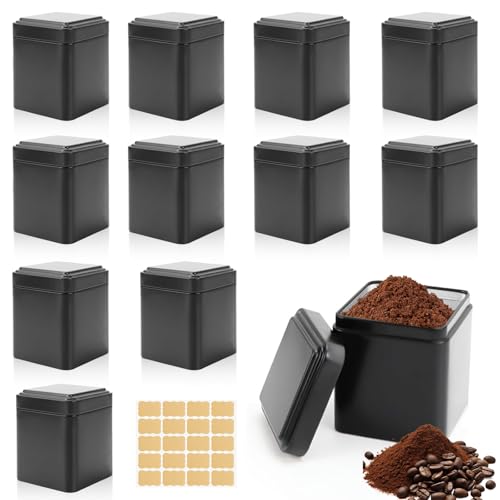 TFLPUO Lata de té rectangular clásica, 12 unidades de latas de té de metal, recipientes herméticos con 20 etiquetas para bolsas de té sueltas, almacenamiento de granos de café, 7 x 7 x 8,5 cm